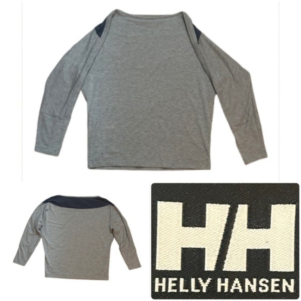 Helly Hansen Gray and Navy Blue 3/4 Sleeve Loose Fit Boat Neck Style Top